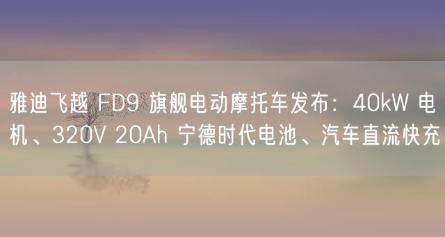 雅迪飞越 FD9 旗舰电动摩托车发布：40kW 电机、320V 20Ah 宁德时代电池、汽车直流快充